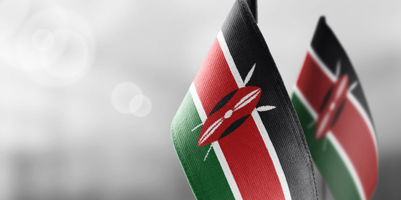 Small national flags of the Kenya on a light blurry background